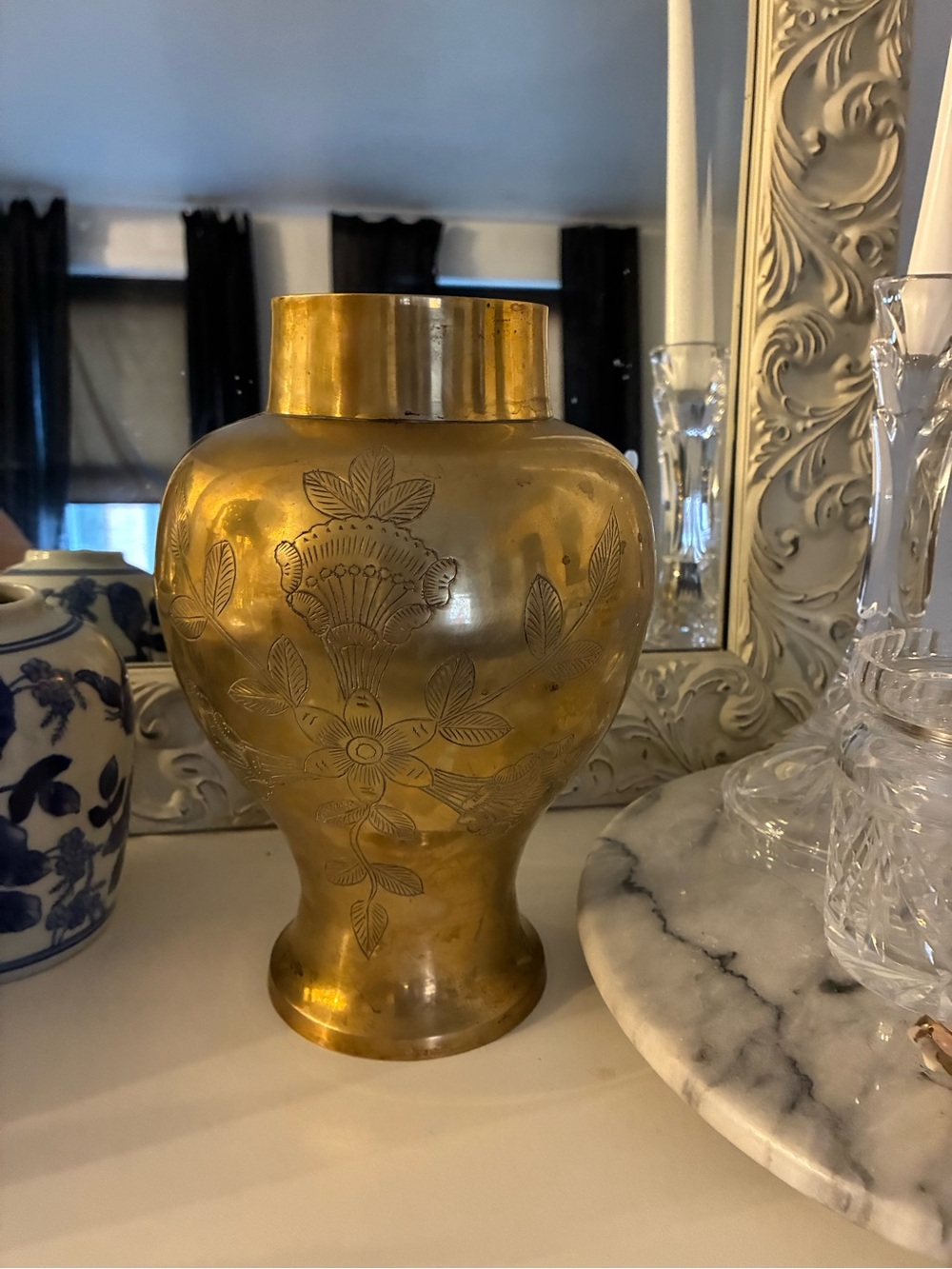 Vintage Etched Brass Patina Vase |Grandmillennial Coastal Grandma Decor Heritage